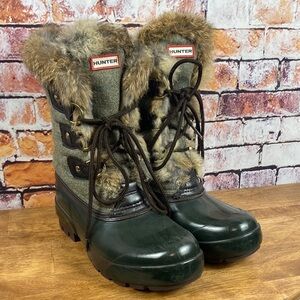 Hunter Cathie Green and Black Rabbit Fur-Lined Waterproof Winter Boots Sz EU39